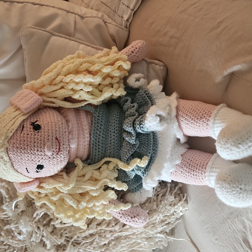 NEW Crochet Doll with Blonde Hair and Blue Dress